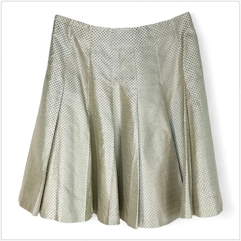 Emanuel Ungaro Ivory Shimmer Silk Printed Flared Pleated Skirt Size 8